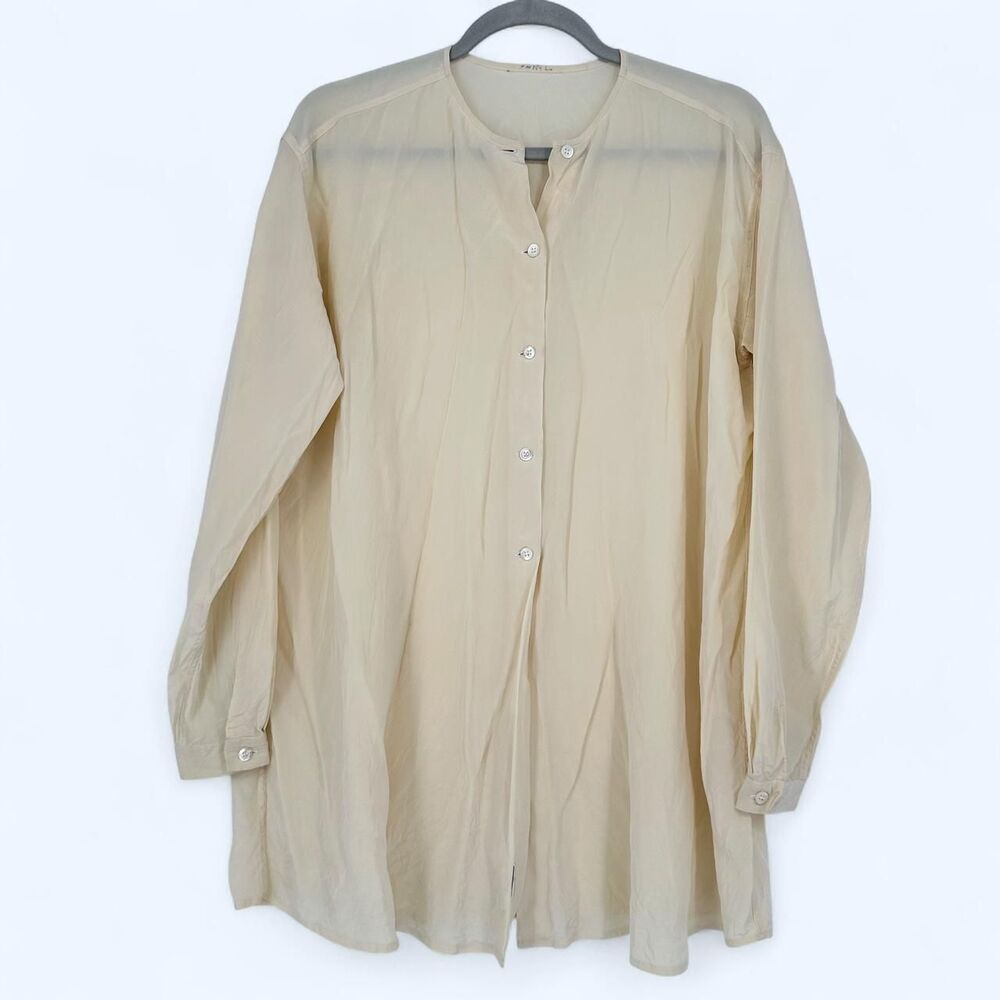 🍦 Vintage 2001 Cream 100% Silk Collarless Tunic Blouse Size L